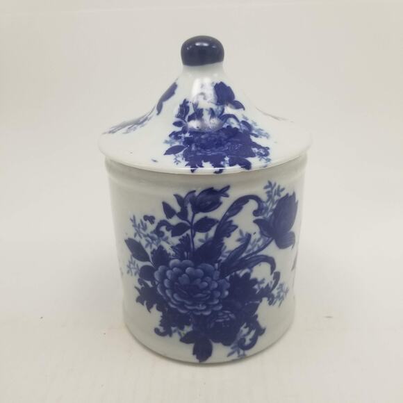 Vintage Delft Style Canister Biscuit Jar, Floral Blue White Transferware - Picture 1 of 7